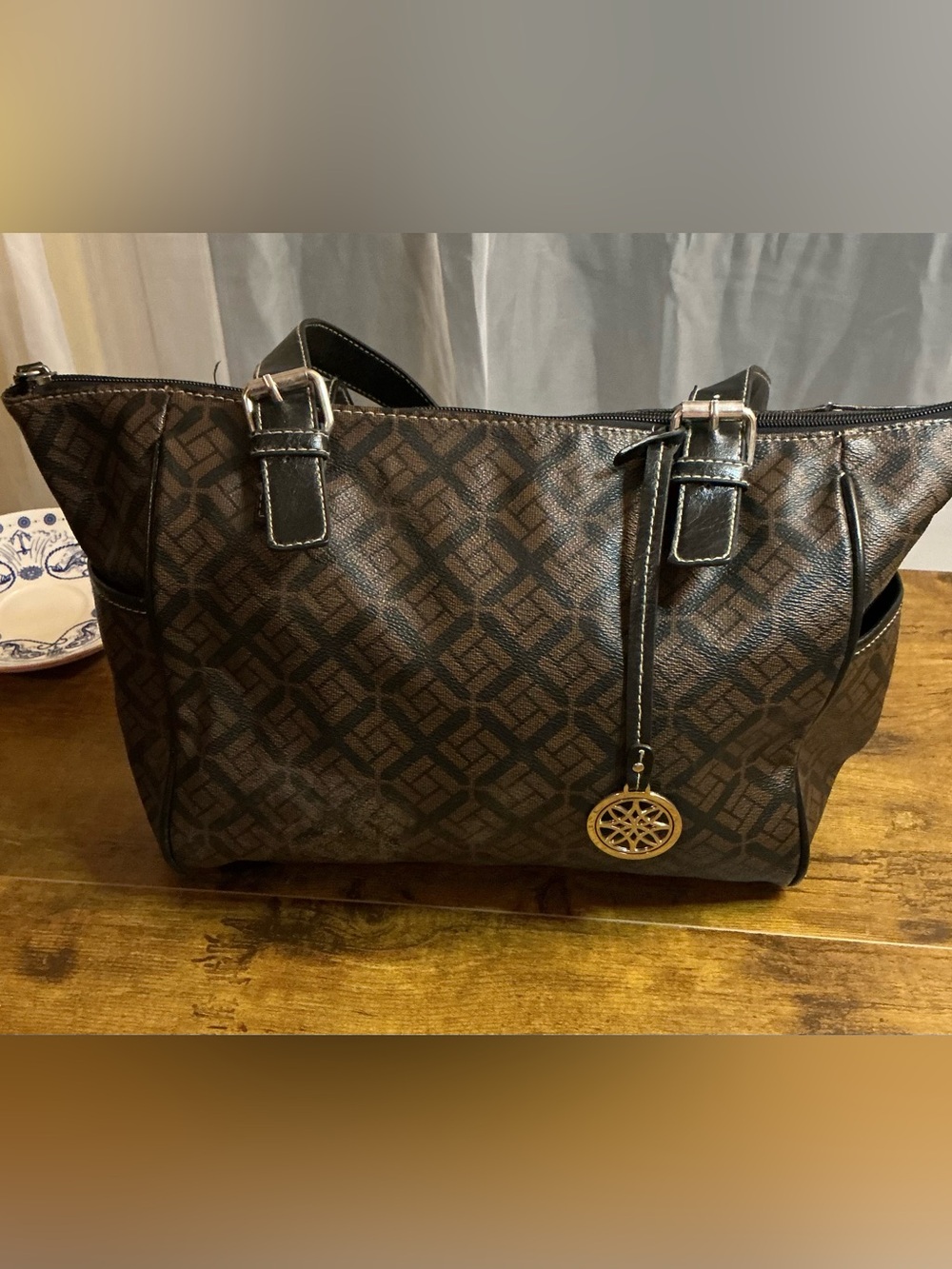 Brown Patterned Tote Bag with Silver Charm